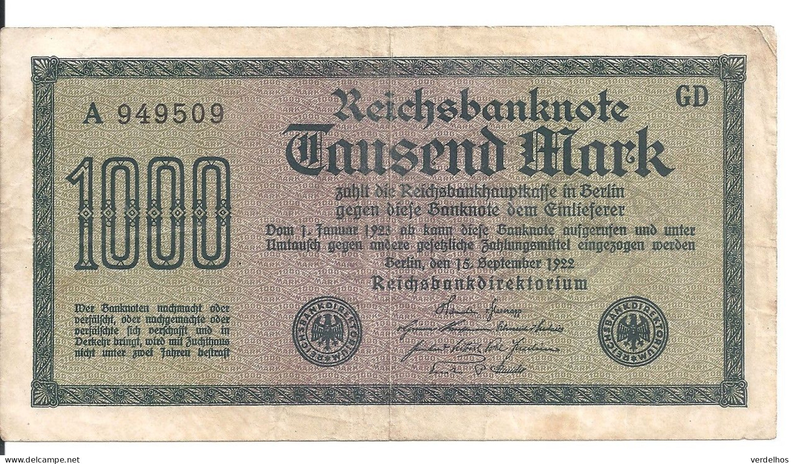 ALLEMAGNE 1000 MARK 1922 VF+ P 76 - 1000 Mark