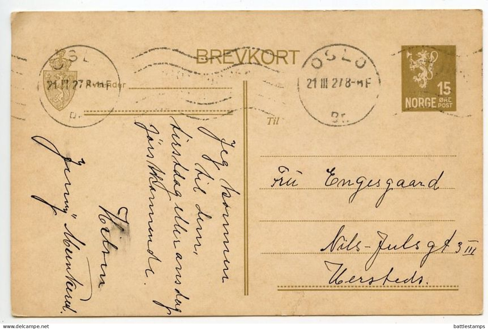 Norway 1927 15o. Lion Rampant Postal Card; Oslo Machine Cancel - Postwaardestukken