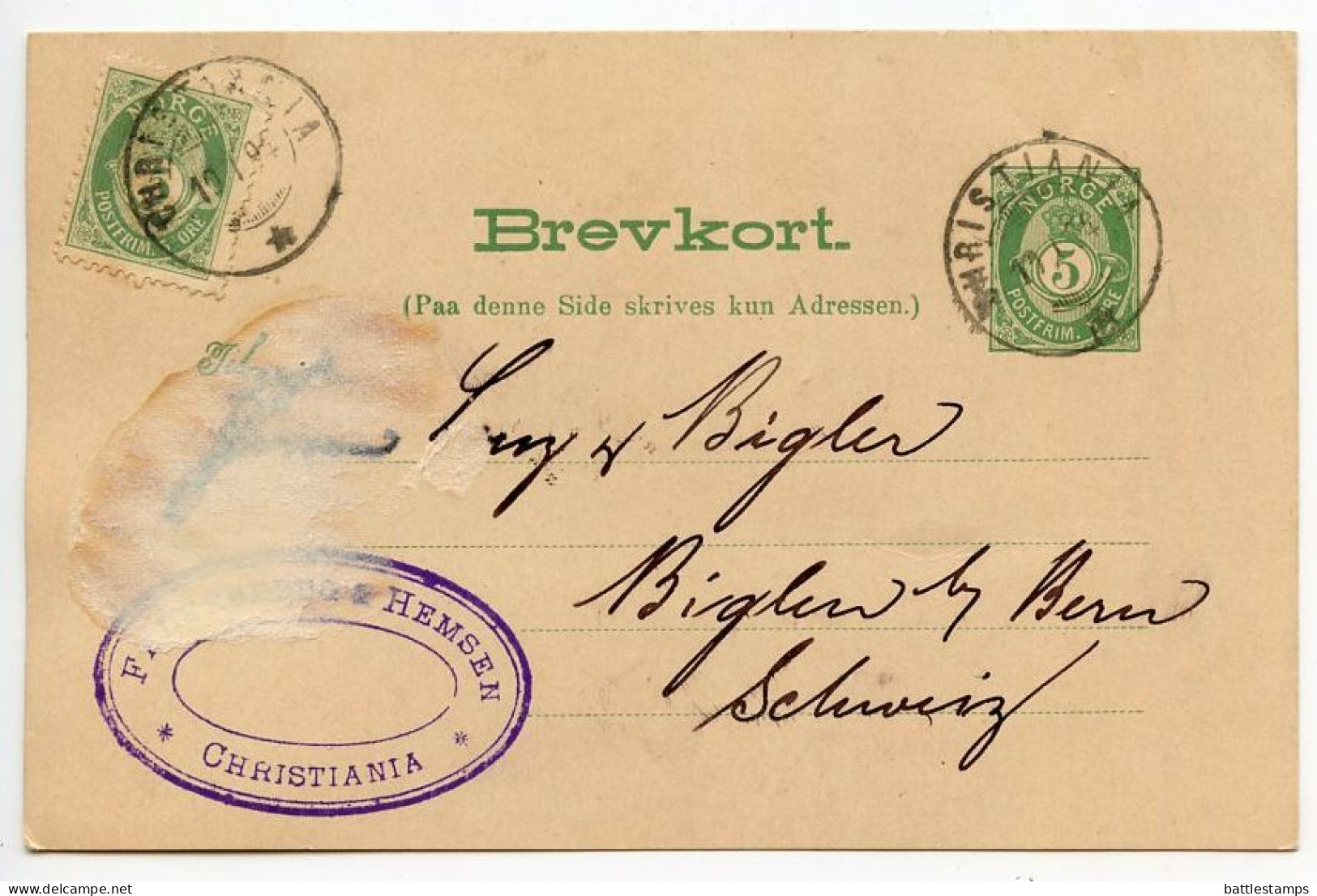 Norway 1894 Uprated 5o. Post Horn Postal Card; Kristiania To Biglen, Switzerland - Postwaardestukken