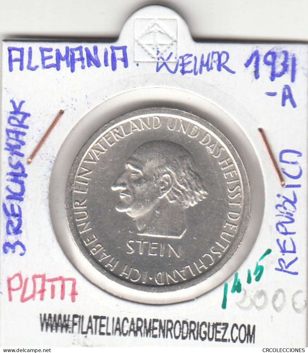 CR1415 MONEDA ALEMANIA 3 REICHSMARK 1931-A PLATA SIN CIRCULAR - 3 Marcos & 3 Reichsmark