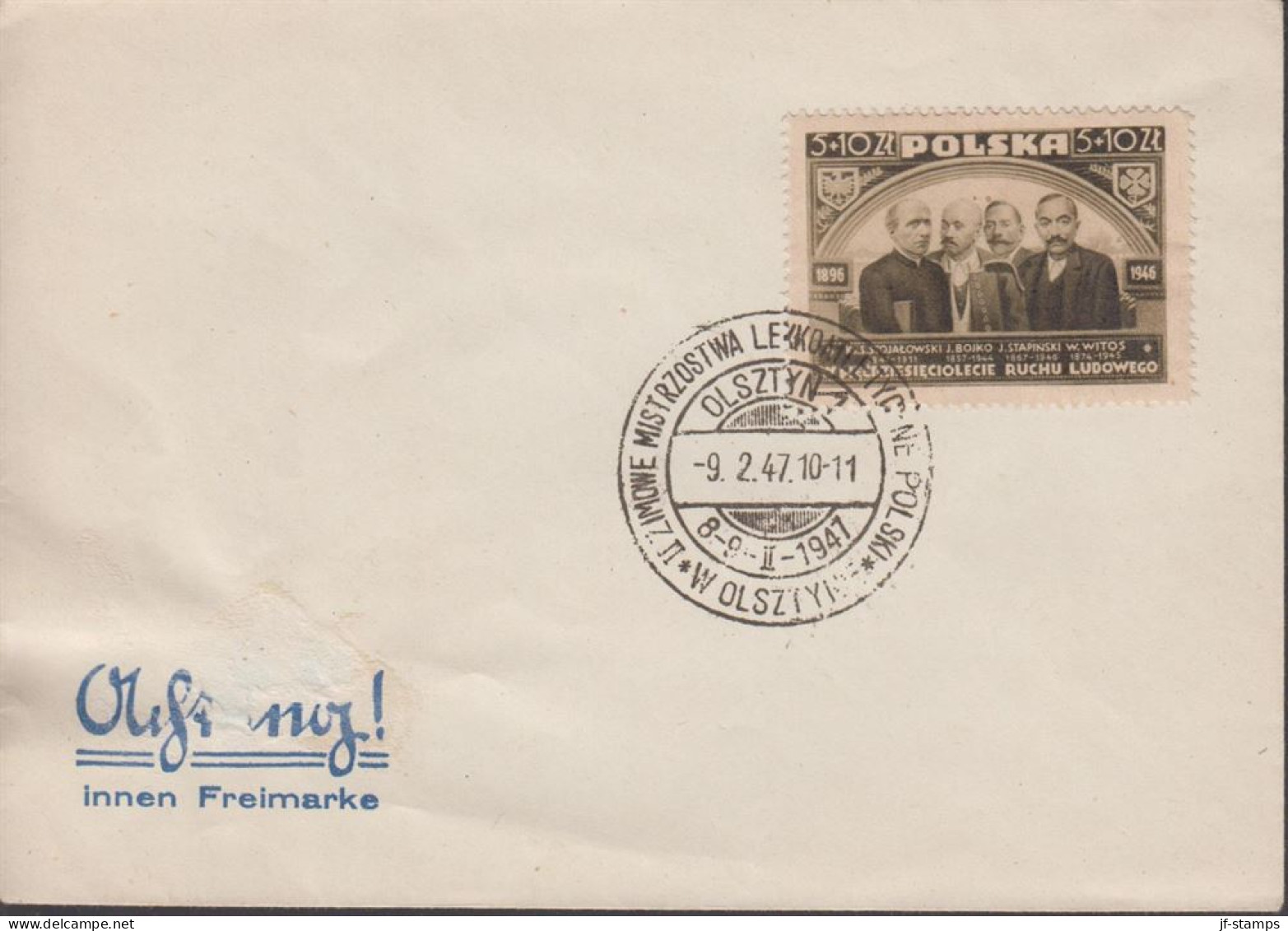 1947. POLSKA. 5 + 10 Zl. Farmers-movement Cancelled With Special Cancel OLSZTYN 9.2.47. Fine ... (Michel 450) - JF438549 - Londoner Regierung (Exil)