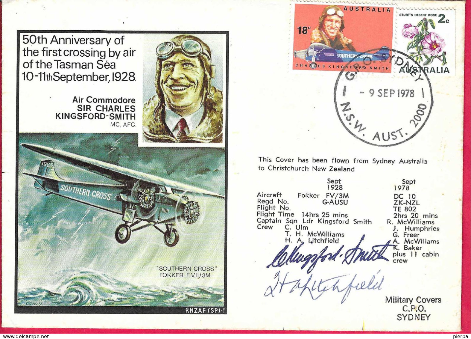 AUSTRALIA - 50° ANNIVERSARY FIRST FLIGHT TO TASMAN SEA * 9.SEP.78* ON OFFICIAL COVER - Covers & Documents