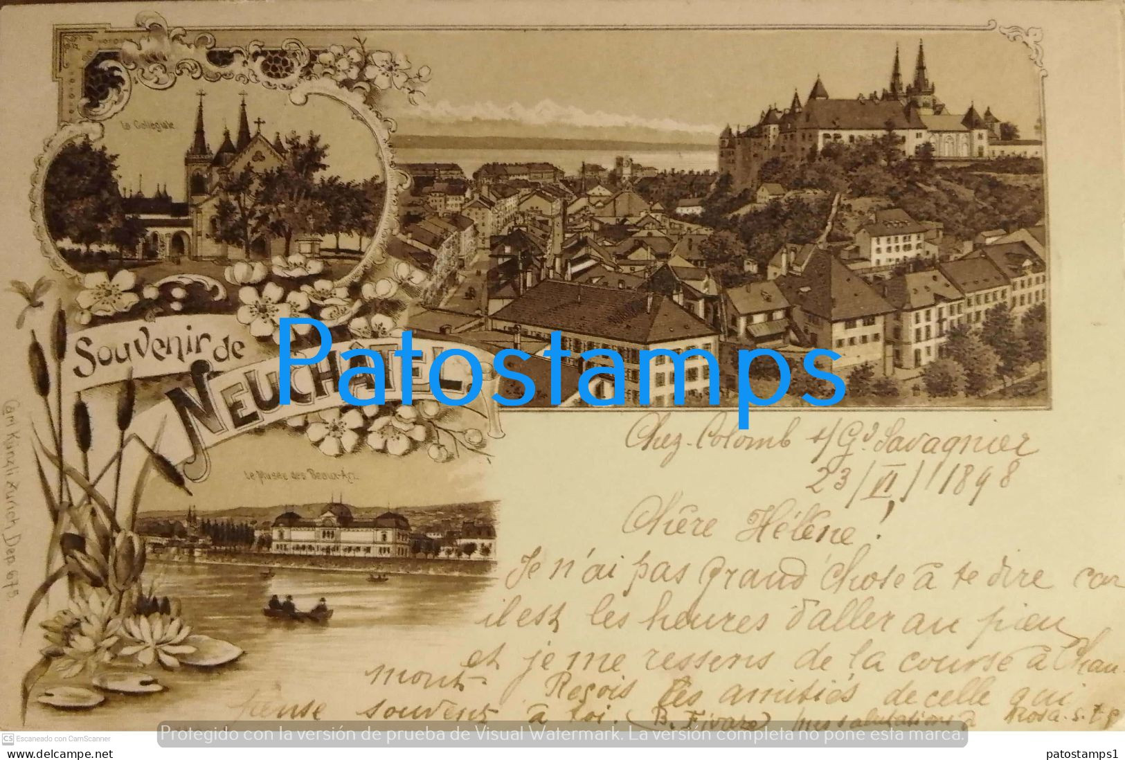 202995 SWITZERLAND SOUVENIR DE NEUCHATEL ART MULTI VIEW CIRCULATED TO CERNIER POSTCARD - Cernier