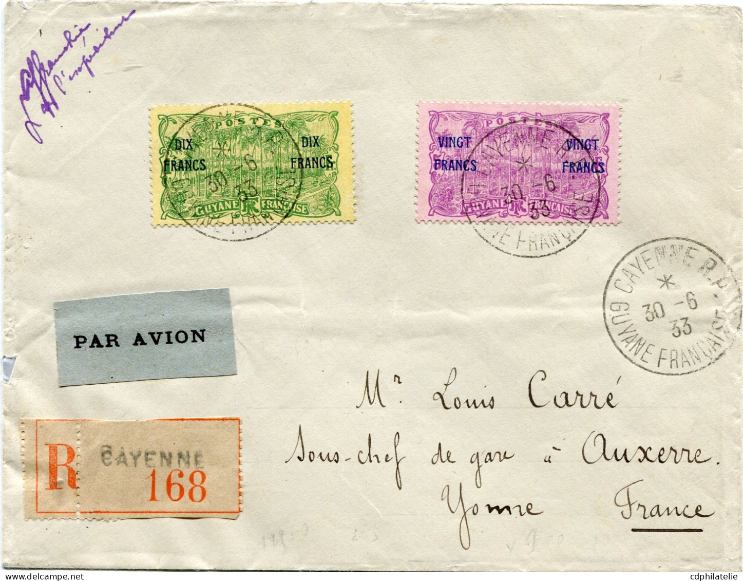 GUYANE LETTRE RECOMMANDEE PAR AVION DEPART CAYENNE 30-6-33 GUYANE FRANCAISE POUR LA FRANCE - Lettres & Documents