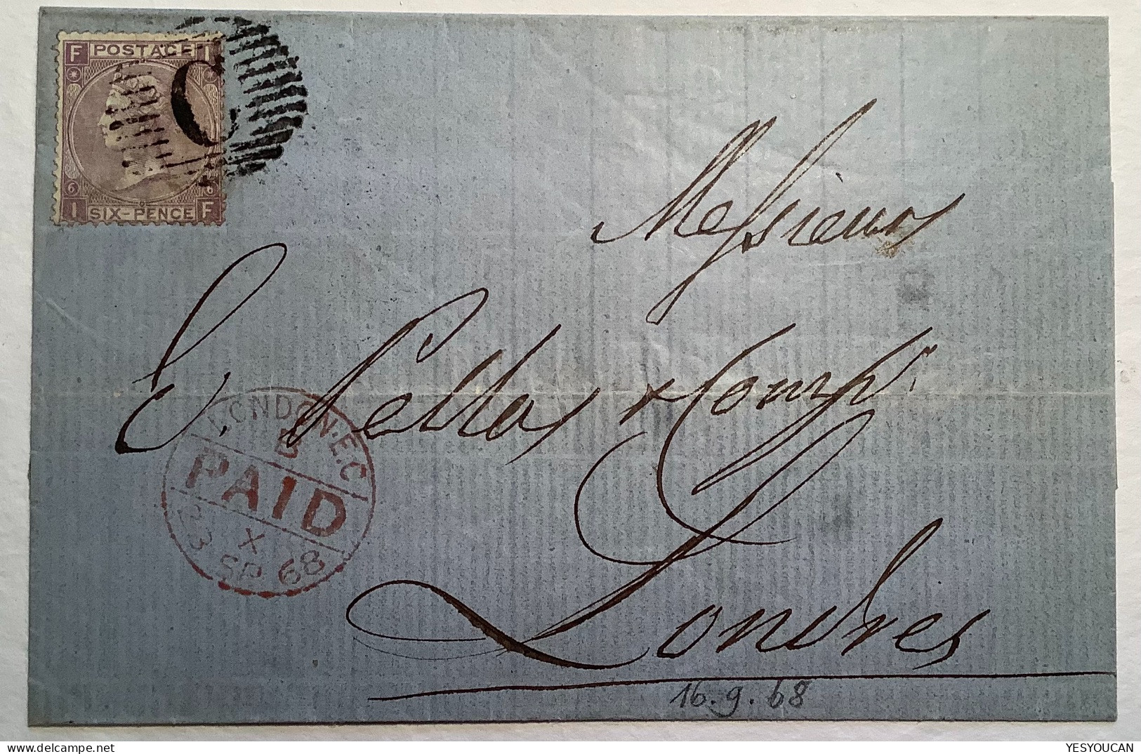 BRITISH POST OFFICE CONSTANTINOPLE "C" GB6d 1868 Cover>London (Queen Victoria Levant Levante Turquie Turkey Used Abroad - Brieven En Documenten