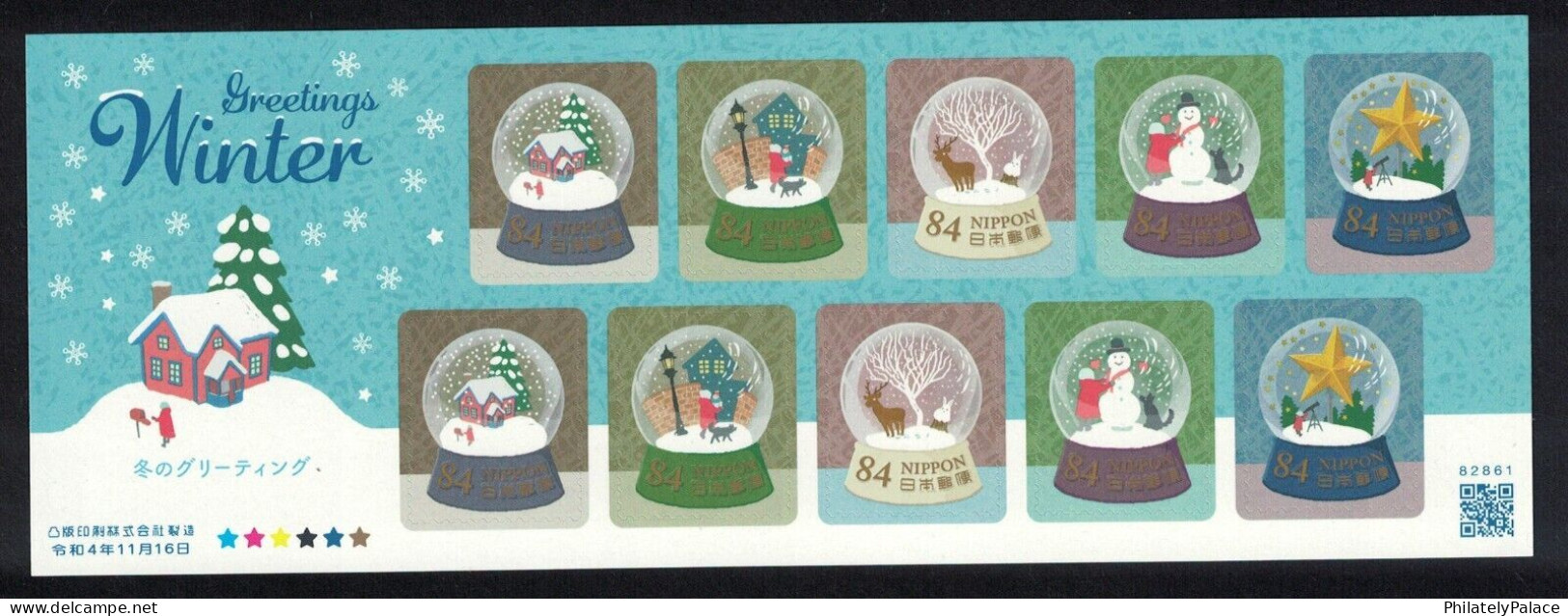 JAPAN 2022 WINTER GREETINGS 63 & 84 YEN (SNOW GLOBES,CHRISTMAS,DOG,DEER,COFFEE,FOOD) 2 SHEETS MS 10 STAMP EACH MNH  (**) - Nuovi