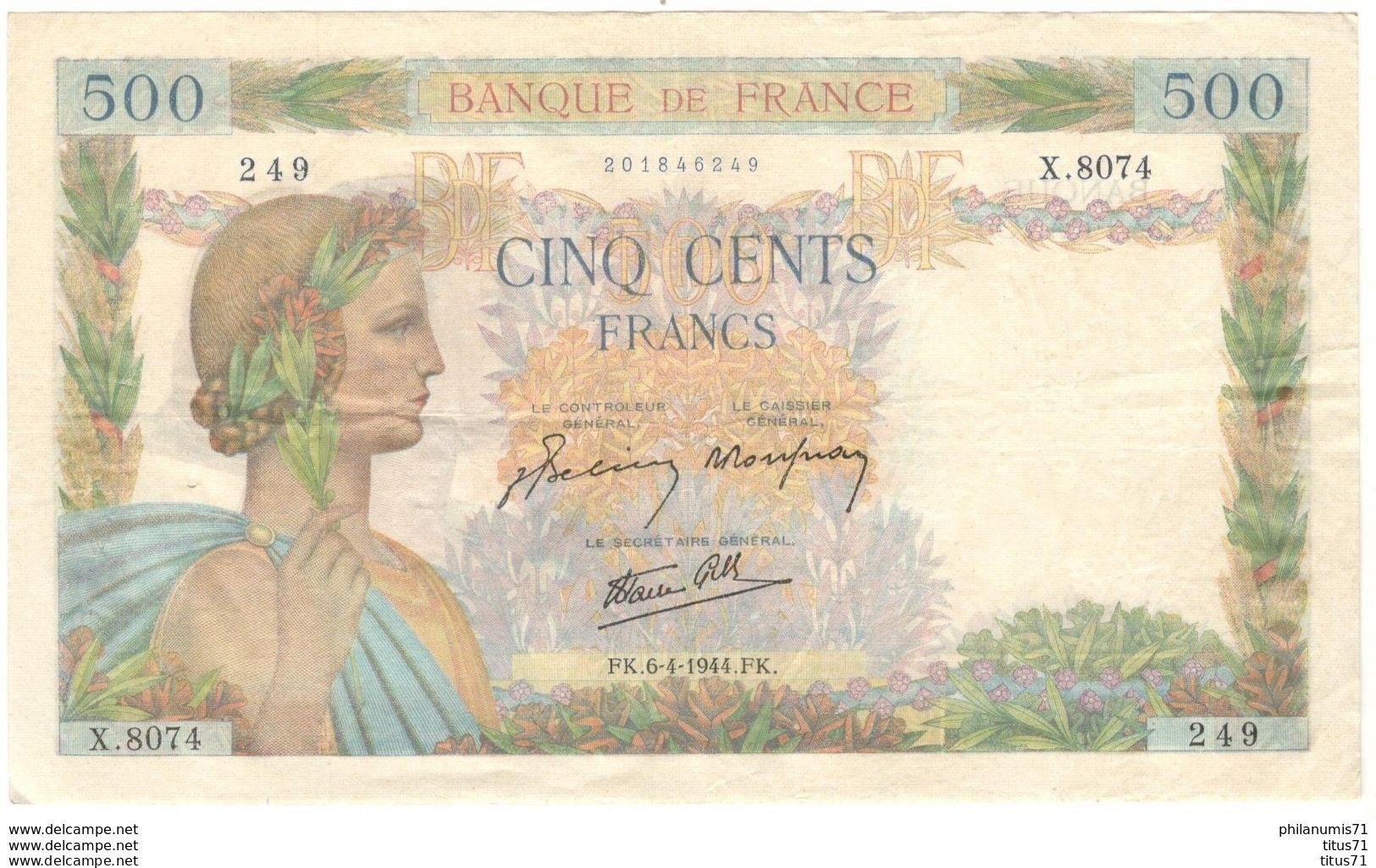 Billet 500 Francs France La Paix 06/04/1944 TTB+ - Très Rare - 500 F 1940-1944 ''La Paix''