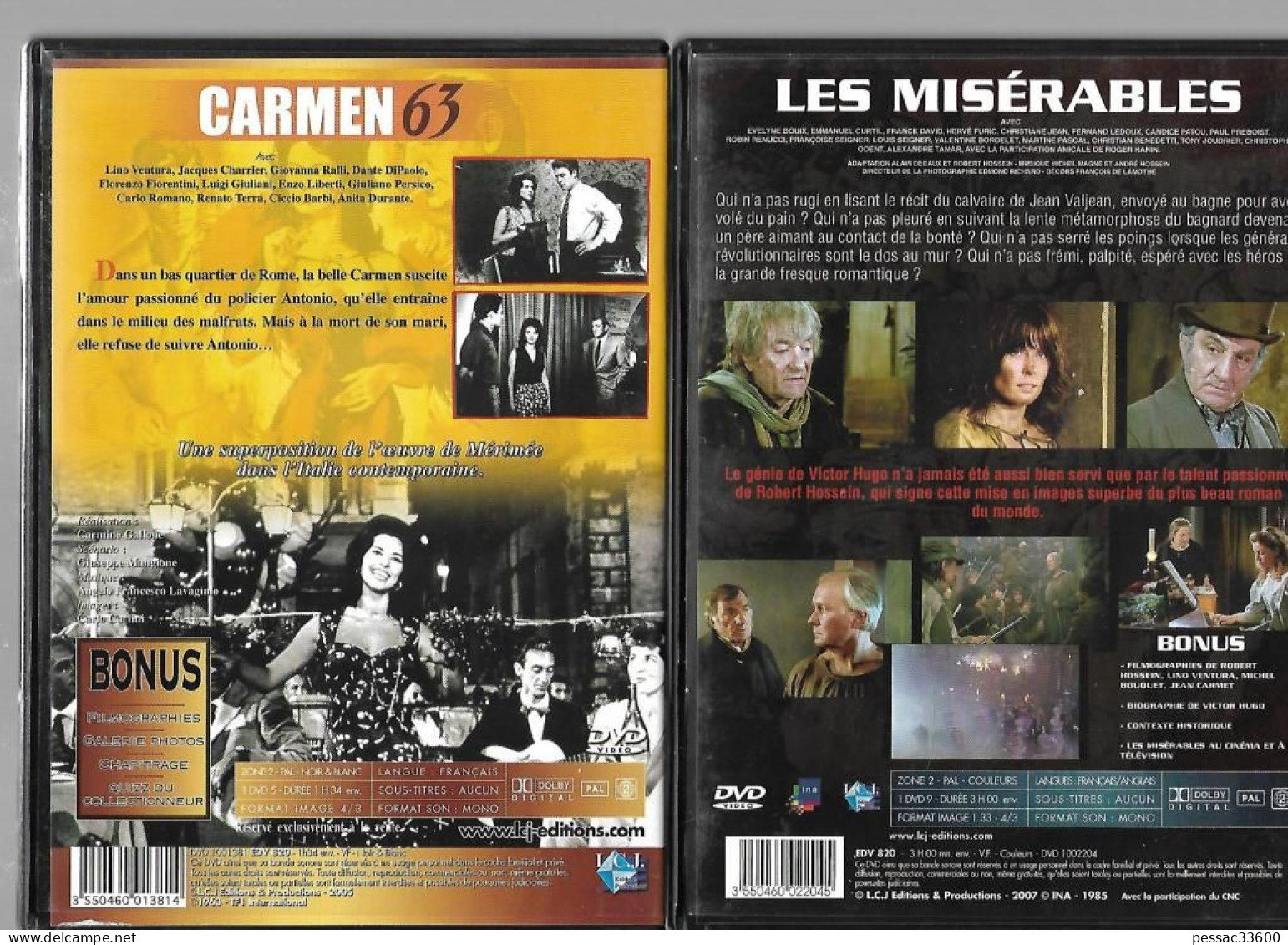 Lino Ventura Coffret De 3 DVD BE Les Misérables / Le Gorille Vous Salue Bien / Carmen 63  TBE - Classici