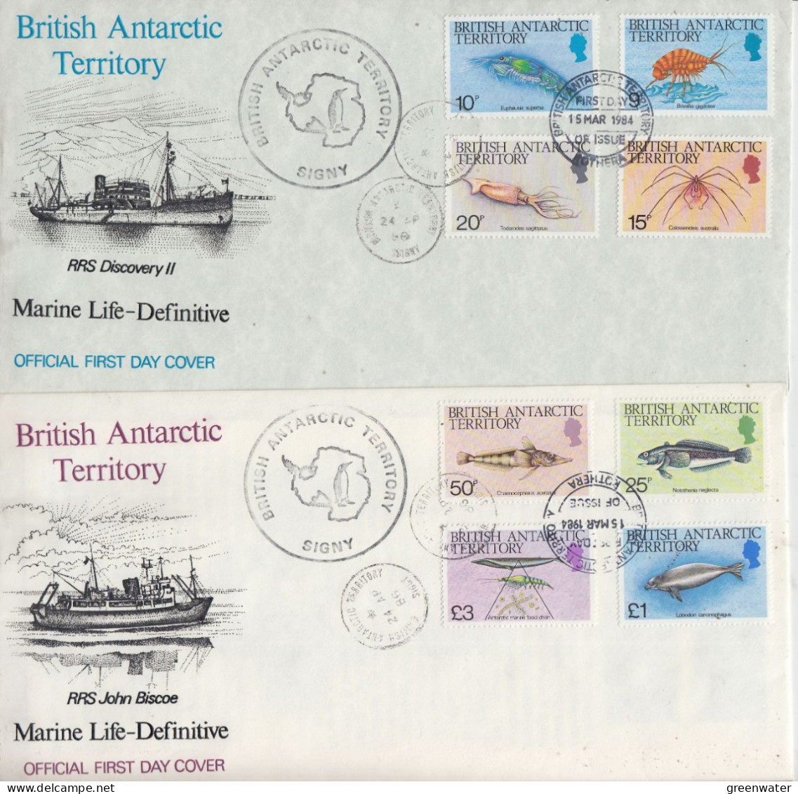 British Antarctic Territory (BAT) 1984 Marine Life / Definitives 16v Ca Signy  4 FDC Ca Rothera 5 MAR 1984  (XX179) - FDC