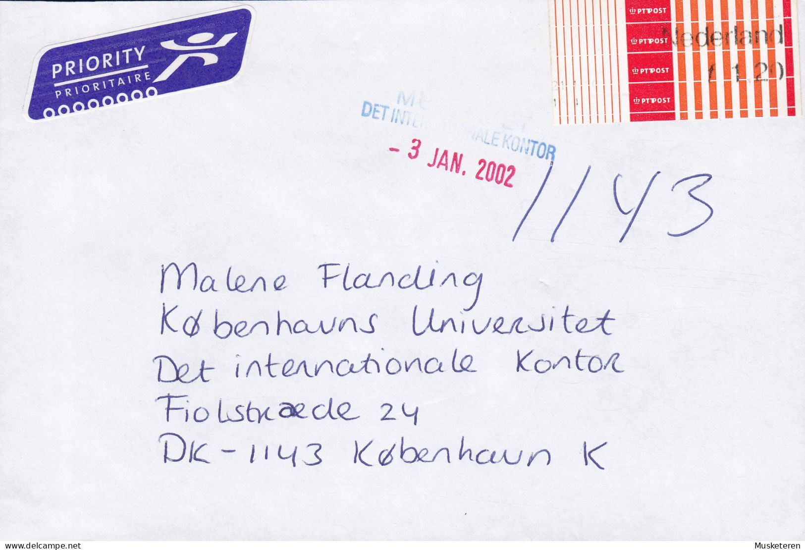 Netherlands PRIORITAIRE Label 2002 Cover Brief KØBENHAVN K. Denmark ATM / Frama Label Single Franking - Maschinenstempel (EMA)