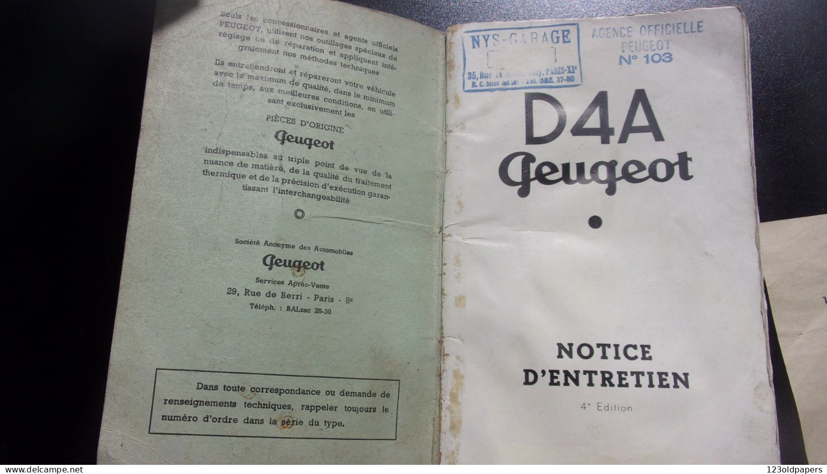 AUTOMOBILE - NOTICE D'ENTRETIEN PEUGEOT D4A  CAMIONETTE 50PAGES - Auto