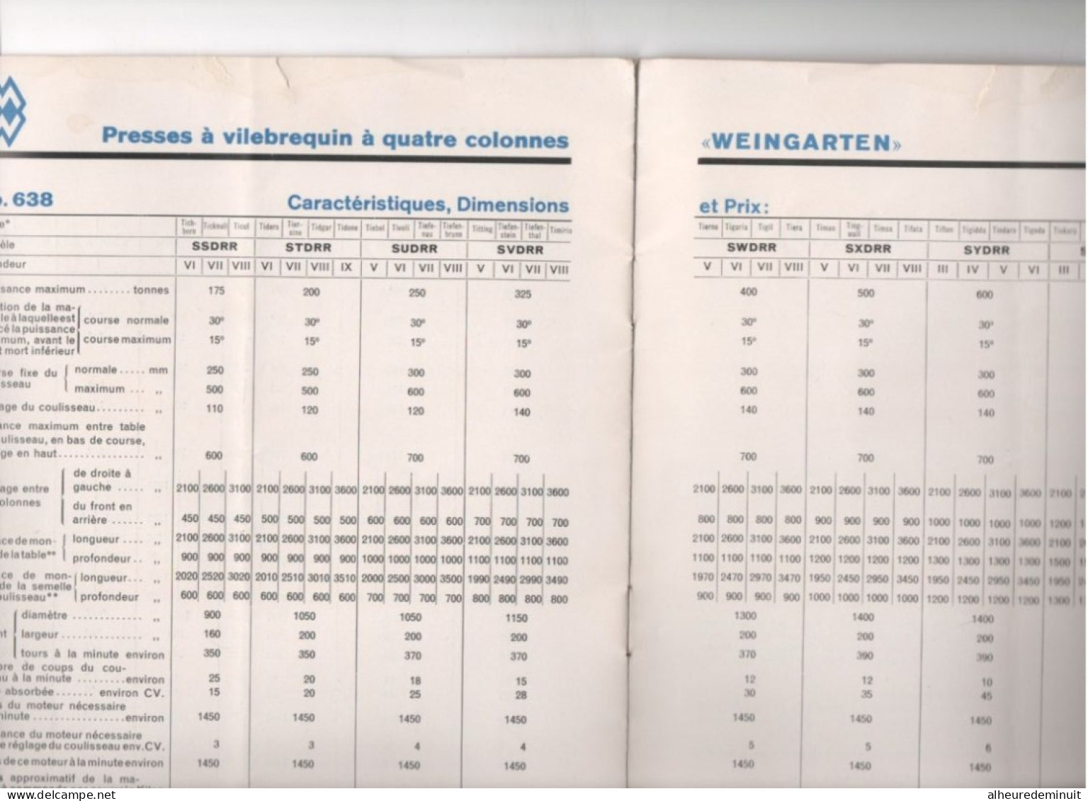 catalogue"WEINGARTEN MASCHINENFABRIK"WURTEMBERG"PRESSE A VILEBREQUIN 4 COLONNES"usine"Allemagne"machine-outil"RAVENSBURG