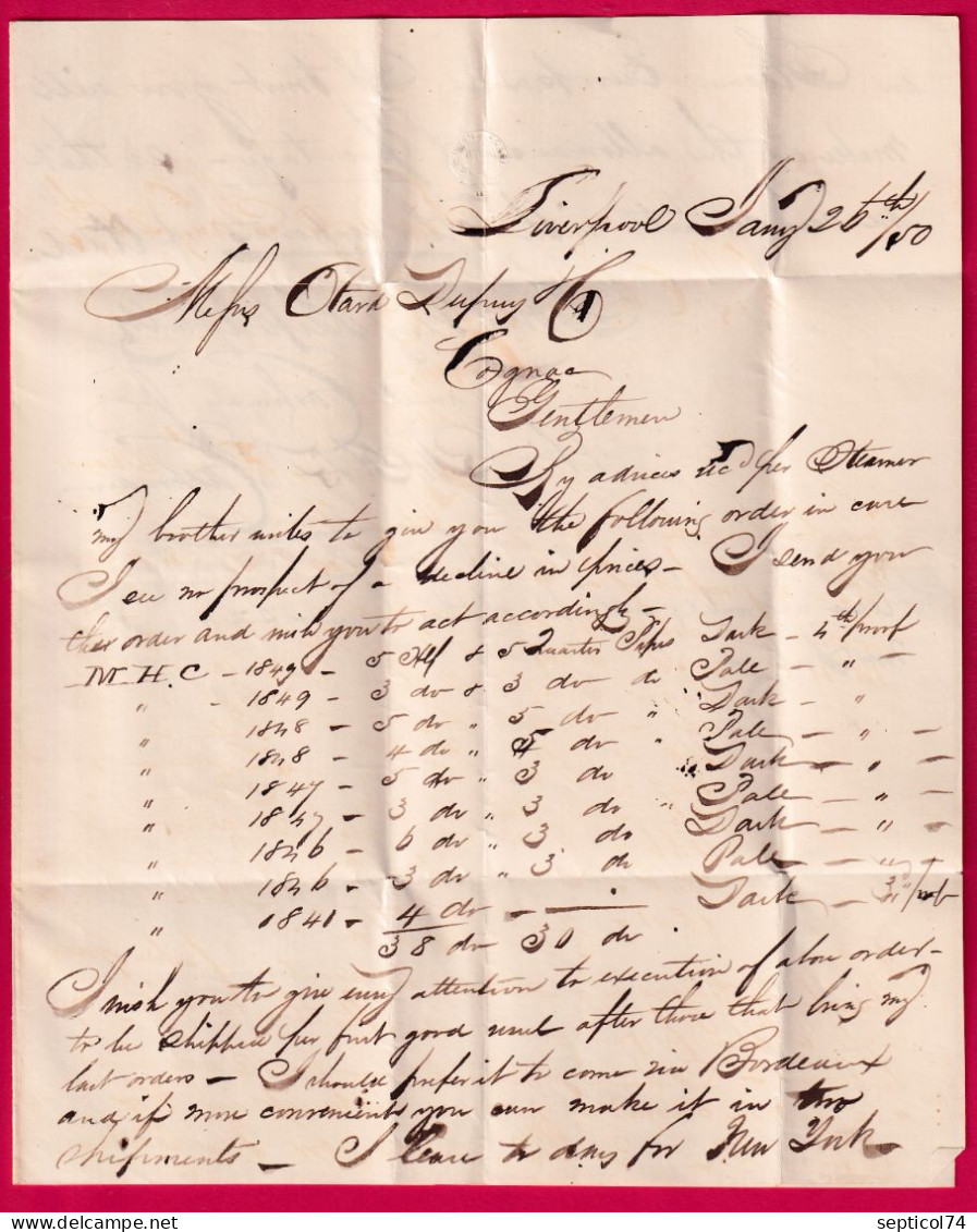 GRANDE BRETAGNE NEWCASTLE 1850 POUR COGNAC CHARENTE LETTRE - ...-1840 Precursori