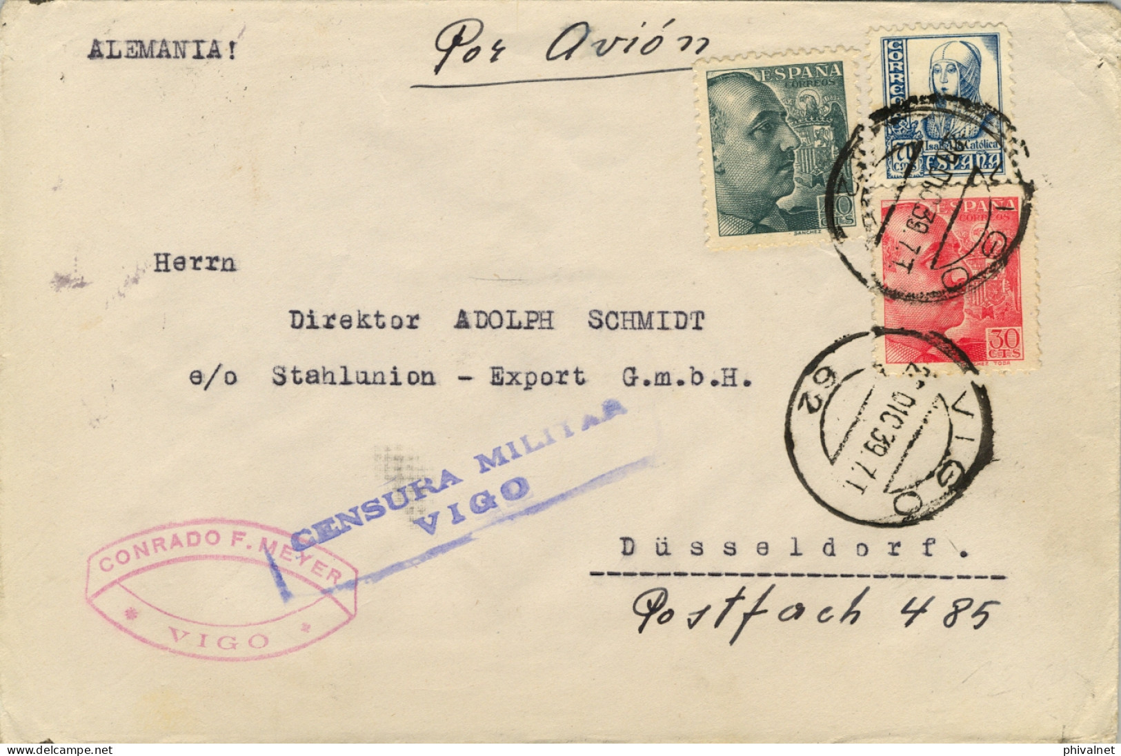 1939 PONTEVEDRA , VIGO - DÜSSELDORF , SOBRE CIRCULADO POR CORREO AÉREO , CENSURA MILITAR DE VIGO Y ALEMANA AL DORSO - Lettres & Documents