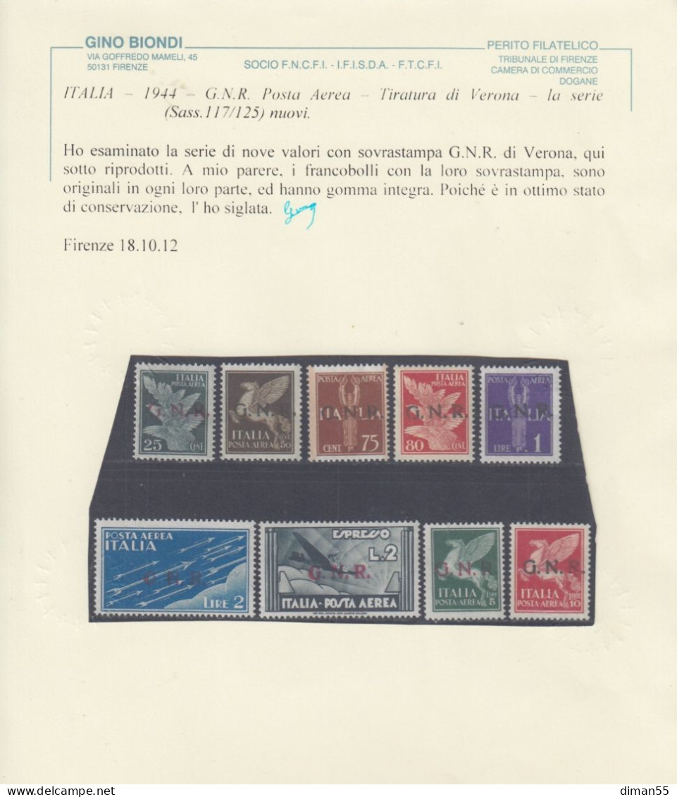 Italy - 1944 R.S.I. - N.A 117-118-119-121 Emiss. VERONA  - CERTIFICATO BIONDI - Gomma Integra  MNH** - Luftpost