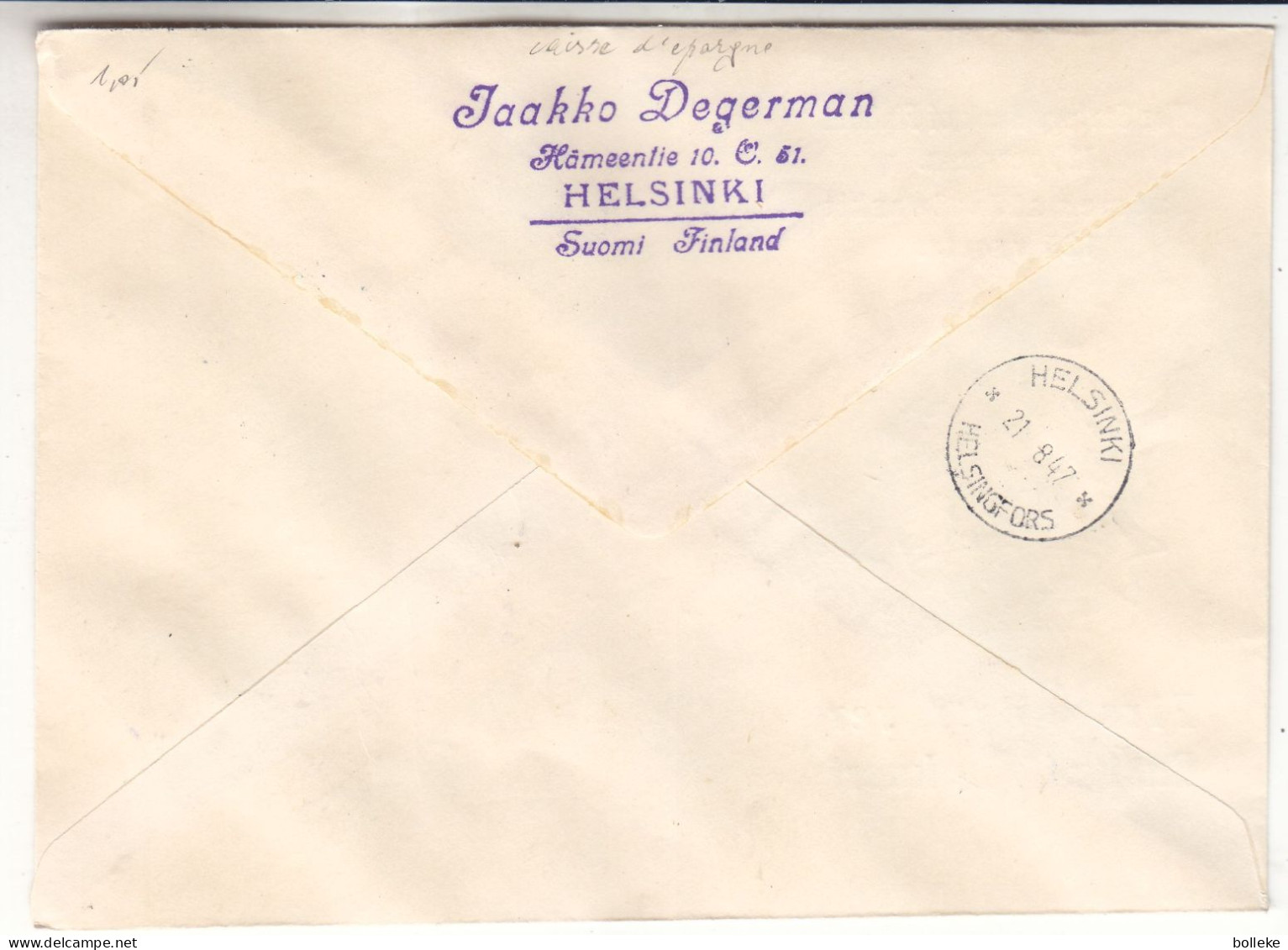 Finlande - Lettre De 1947 - Oblit Helsinki - Exp Vers Helsinki - Caisse D'épargne - - Briefe U. Dokumente