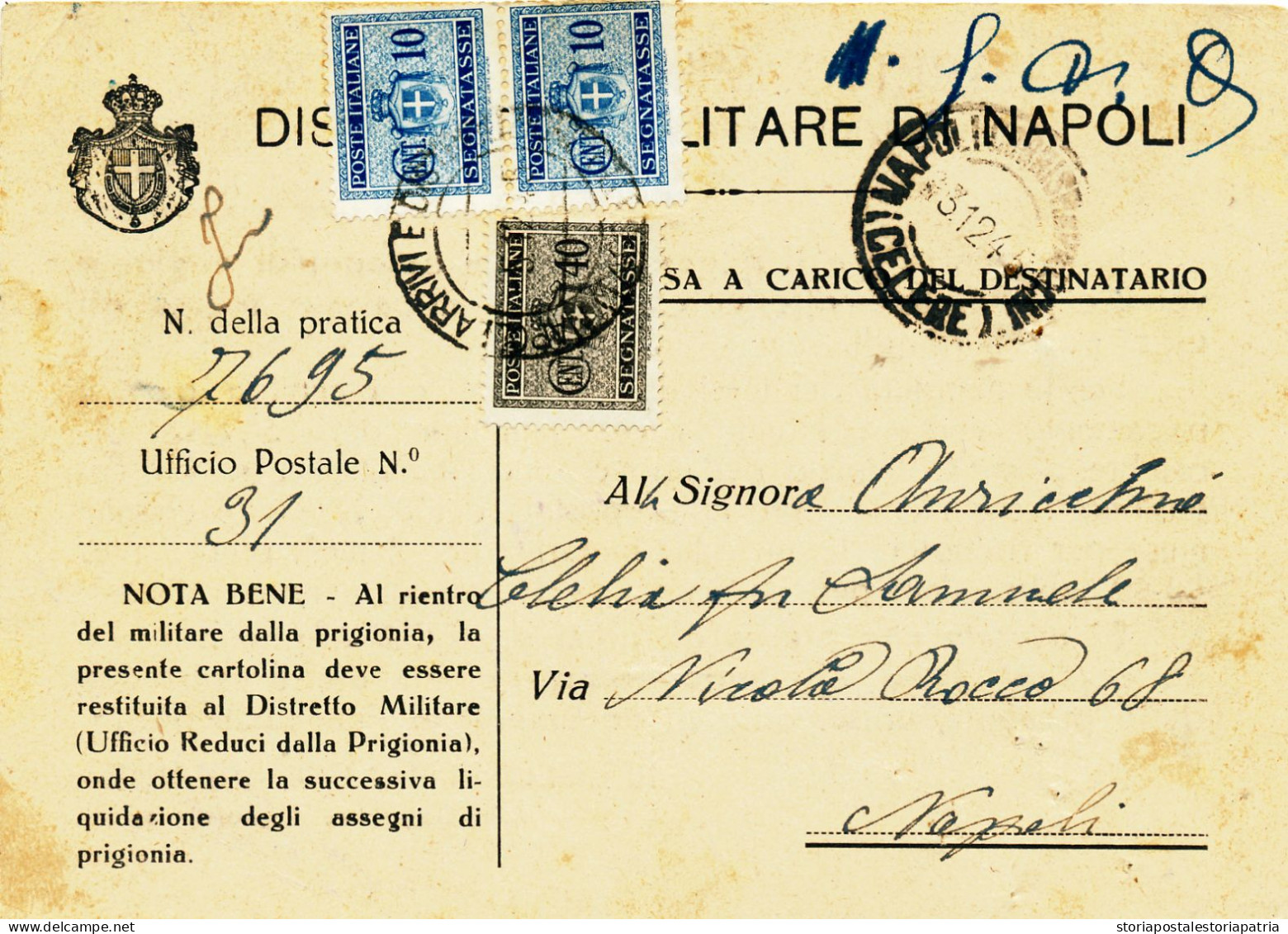 1945 LUOGOTENENZA CARTOLINA DISTRETTO MILITARE TASSA A CARICO CON 0,40 + COPPIA 0,10 SEGNATASSE LUOGOTENENZA S.F - Postage Due