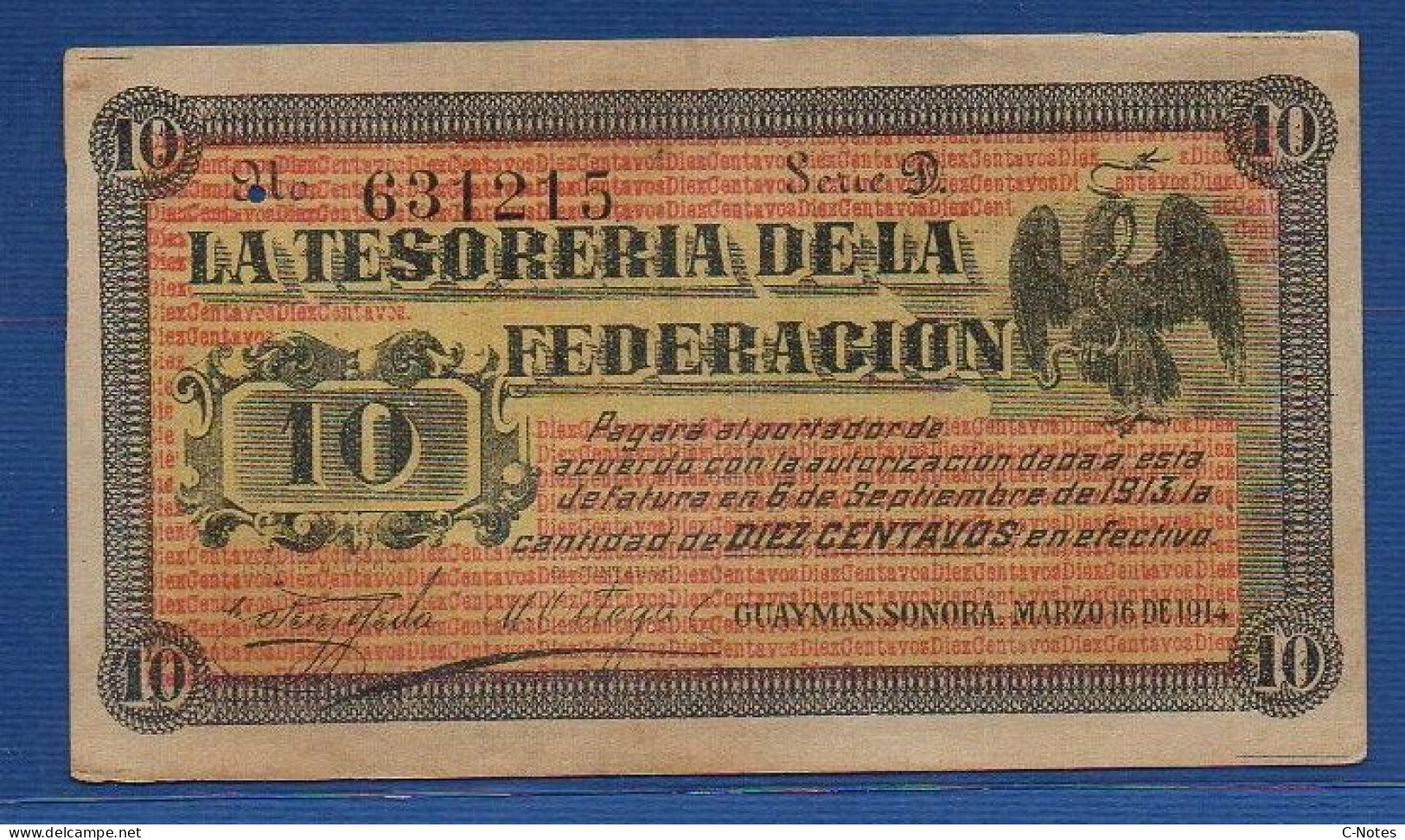 MEXICO - Guaymas - P.S. 1058 – 10 Centavos 1914 XF/AU, S/n D 631215 - Mexique