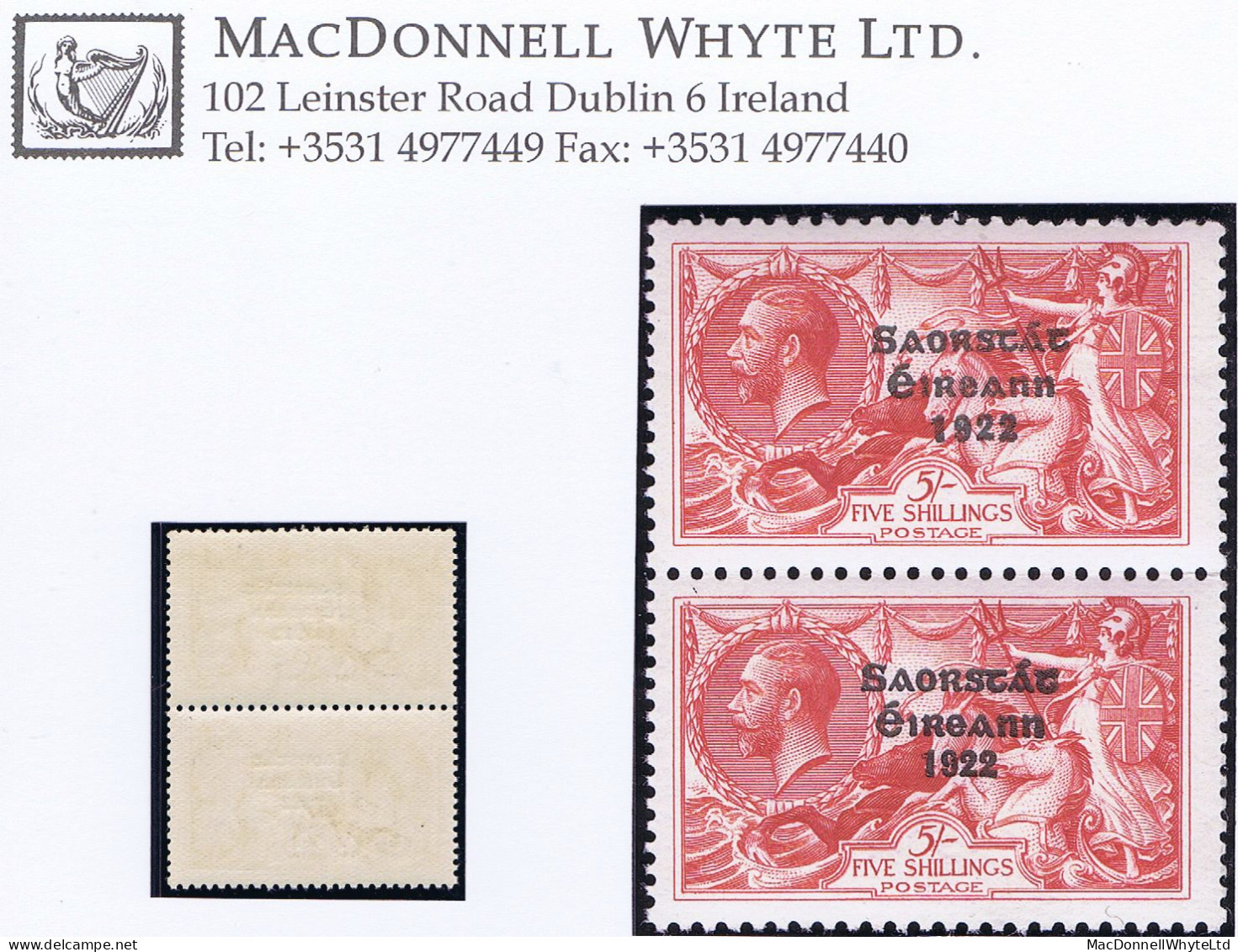 Ireland 1927 Composite Dates Saorstat 3-line Ovpt 5s "Wide & Narrow" Vertical Pair Fresh Mint Unmounted - Unused Stamps