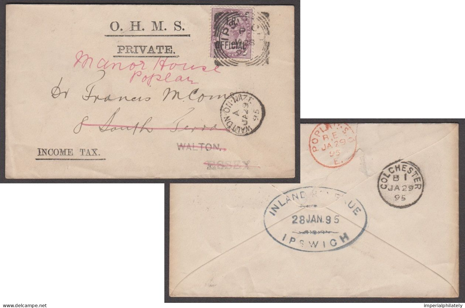 1895 OHMS Envelope From Ipswich To Walton On Naze, With I.R. Official 1881 1d Lilac Tied By Ipswich Squared Circle - Service