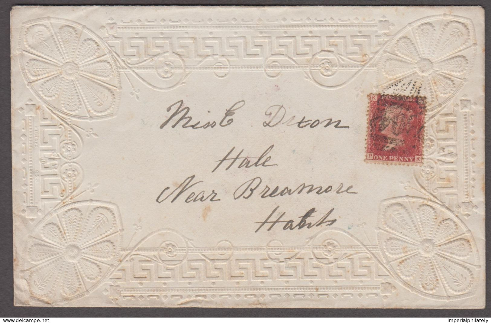 1870ca. Embossed Valentines Envelope With 1858-79 1d Red Pl.202 Tied By "304" Numeral Of Fordingbridge, Sent Locally - Briefe U. Dokumente