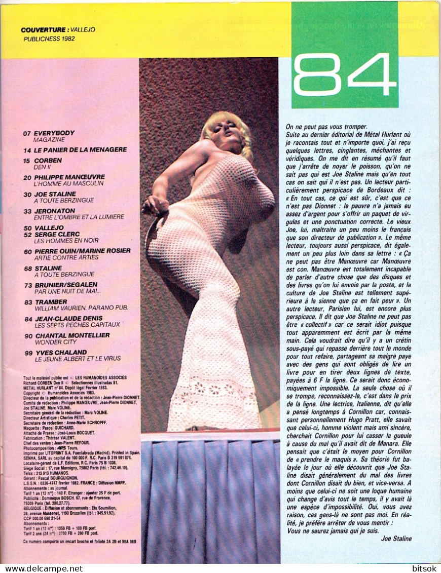 Métal Hurlant  N° 84   Février 1983 - Complet  TBE - Métal Hurlant