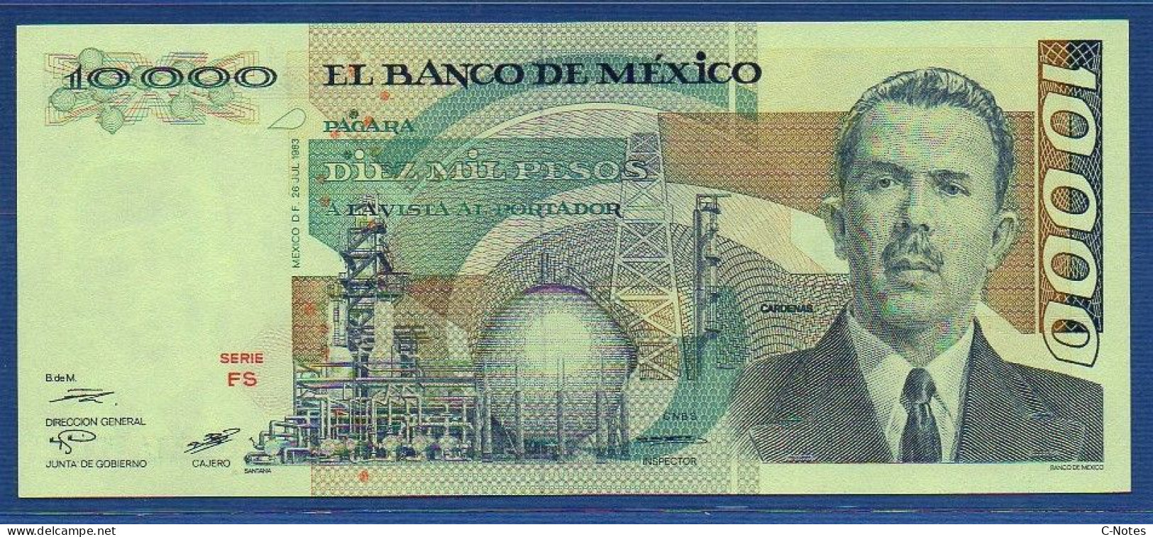 MEXICO - P. 84c – 10000 Pesos 1983 UNC, S/n FS J5E88080 - Green & Blue Serial # - Mexique