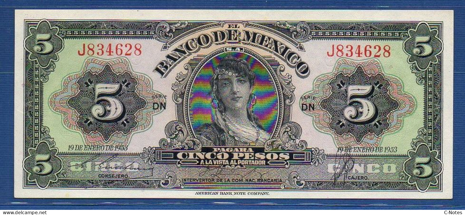 MEXICO - P. 57a – 5 Pesos 19-01-1953 XF, S/n DN J834628 - Mexique