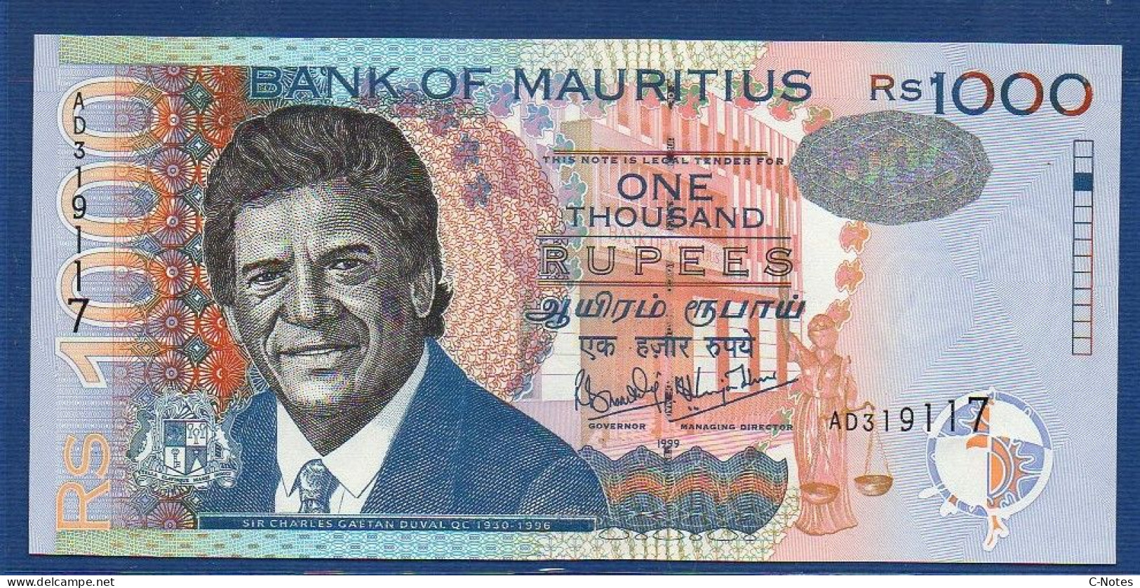 MAURITIUS - P.54a – 1000 Rupees 1999 UNC, Serie AD319117 - Mauritius