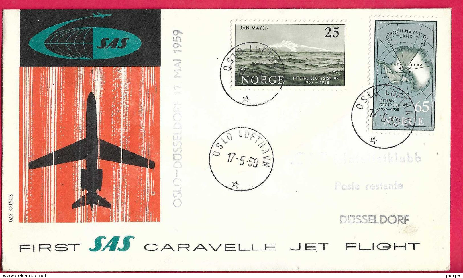 NORGE - FIRST SAS CARAVELLE FLIGHT - FROM OSLO TO DUSSELDORF *17.5.59* ON OFFICIAL COVER - Lettres & Documents