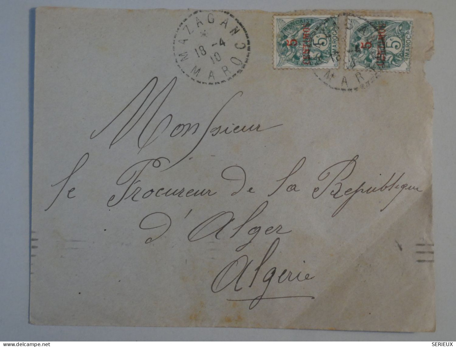 AX20  MAROC ESPAGNOL  LETTRE  1910 MAZAGAN A ALGER +SURCHARGES   +  AFFR. INTERESSANT+ + - Spanisch-Marokko