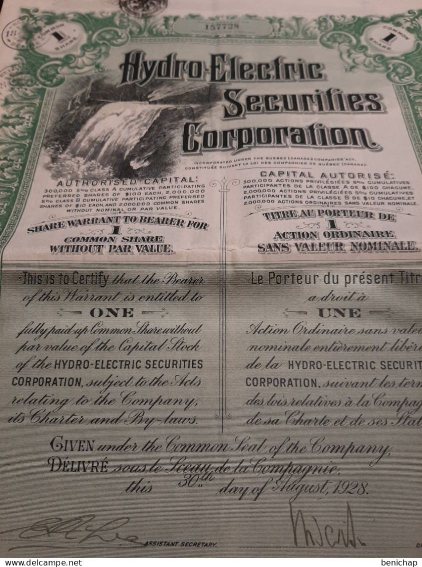 Hydro-Electric Securities Corporation - Titre Au Porteur De 1 Action Ordinaire Sans Valeur Nominale -  Canada - Montreal - Wasser