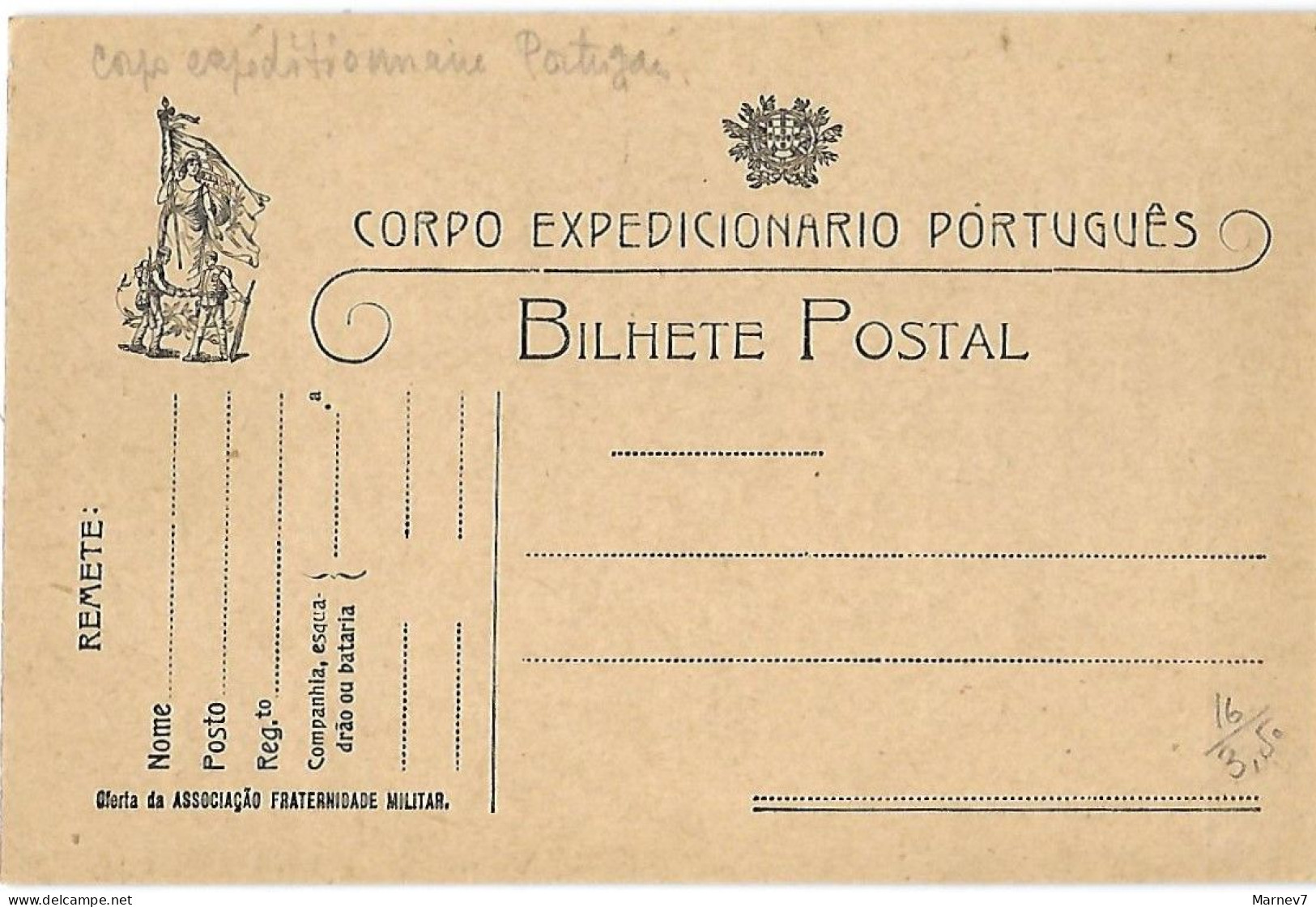 BILHETE POSTAL - Carte Postale Portugaise - Portugal -CORPO EXPEDICIONARIO PORTUGUES - Oferta - Franchise Militaire - Brieven En Documenten