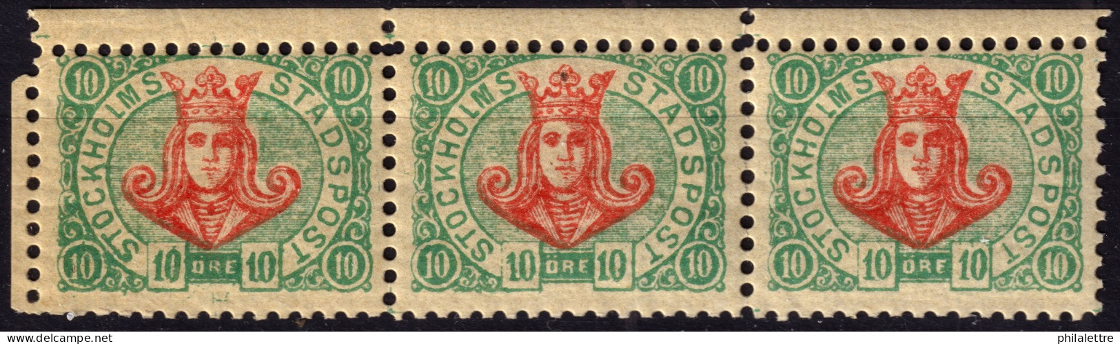 SUÈDE / SWEDEN - Local Post STOCKHOLM Strip Of 3x10öre Red & Green (1887) - Mint NH** - Lokale Uitgaven