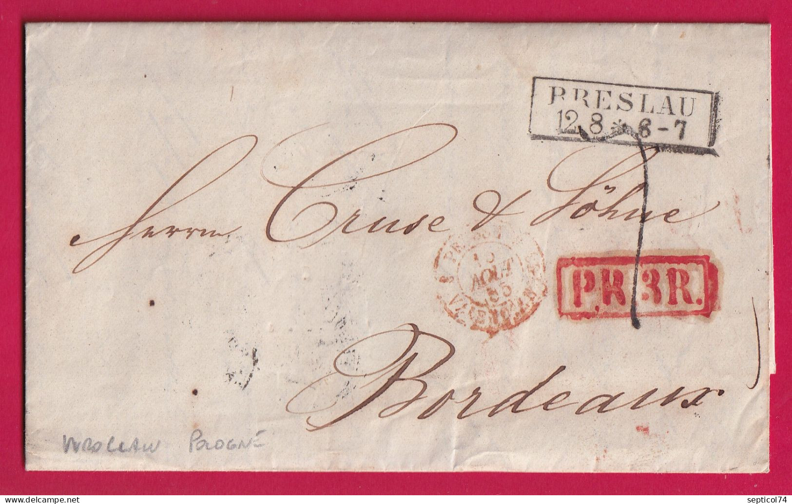 POLOGNE MARQUE PRESLAU WROCLAW ALLEMAGNE PRUSSE 1855 MARQUE PR3R POUR BORDEAUX LETTRE COVER - ...-1860 Prefilatelia