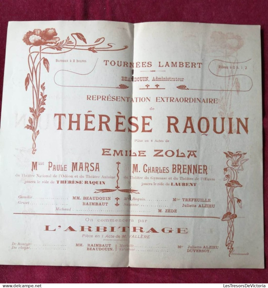 Tournées Lambert - Adminit. E. Beauduin - Thérèse Raquin D'Emile Zola - Illustration Perrette - Programme