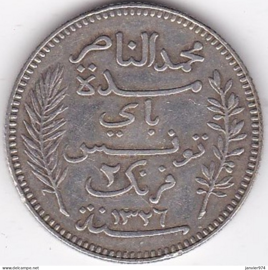 Protectorat Français 2 Francs 1908 A – AH 1326 , En Argent, Lec# 264 - Túnez