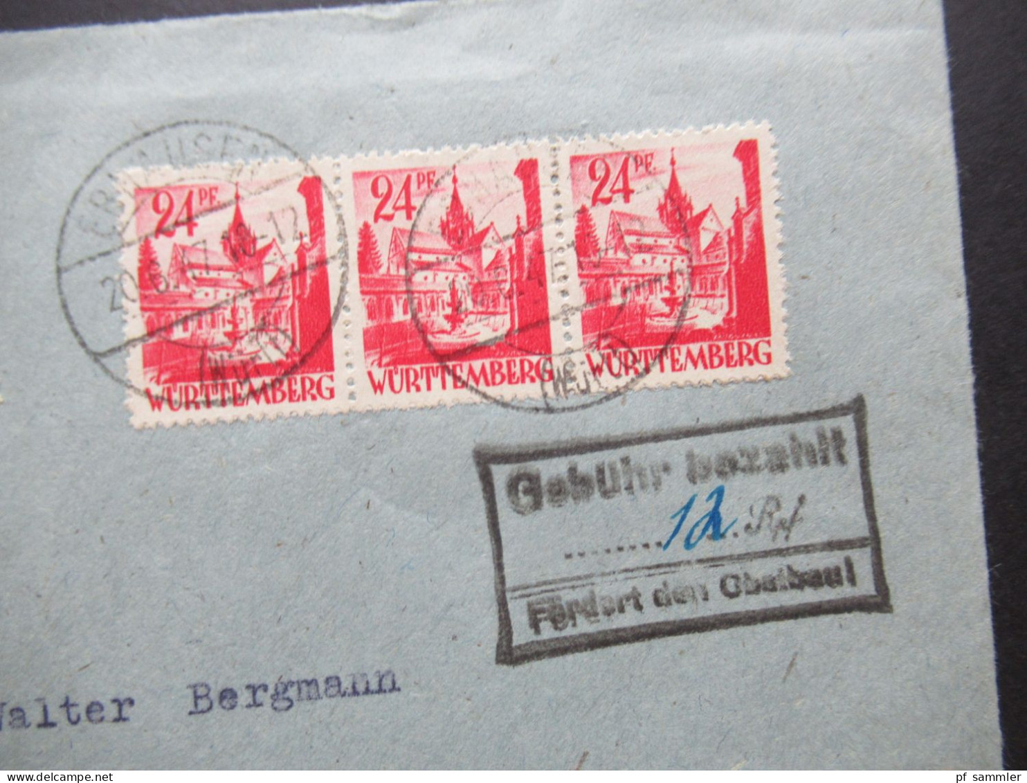 1947 Französische Zone Württemberg Nr.8 (3) Einschreiben + Stempel Gebühr Bezahlt 12 Rpf Fördert Den Obstbau! Ebhausen - Wurtemberg