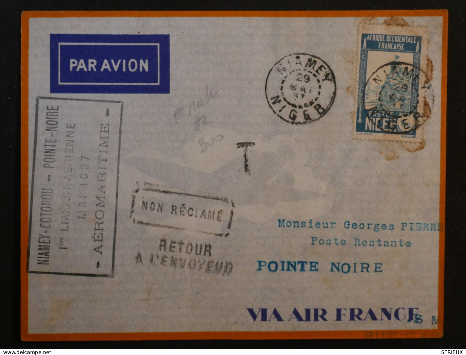 BQ4 NIGER  BELLE  LETTRE RR +++  1937 1ER VOL SABENA+ NIAMEY POINTE NOIRE MOYEN CONGO+AIR FRANCE+ AFFR. INTERESSANT+++ + - Storia Postale