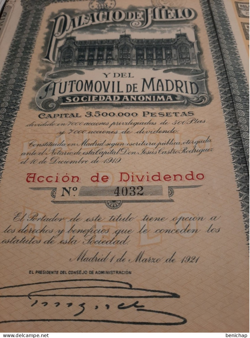 Palacio De Hielo Y Del Automovil De Madrid - Accion De Dividendo - Madrid 1 De Marzo De 1921. - Automobilismo