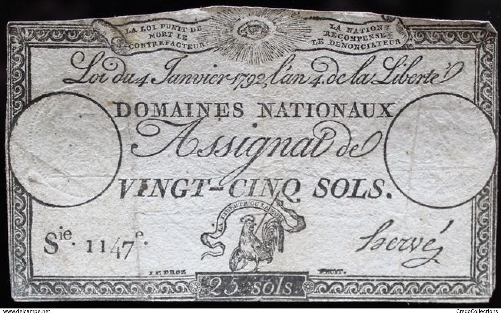 Francs - 25 Sols - 1792 - Série 1147 - TTB - Assignate