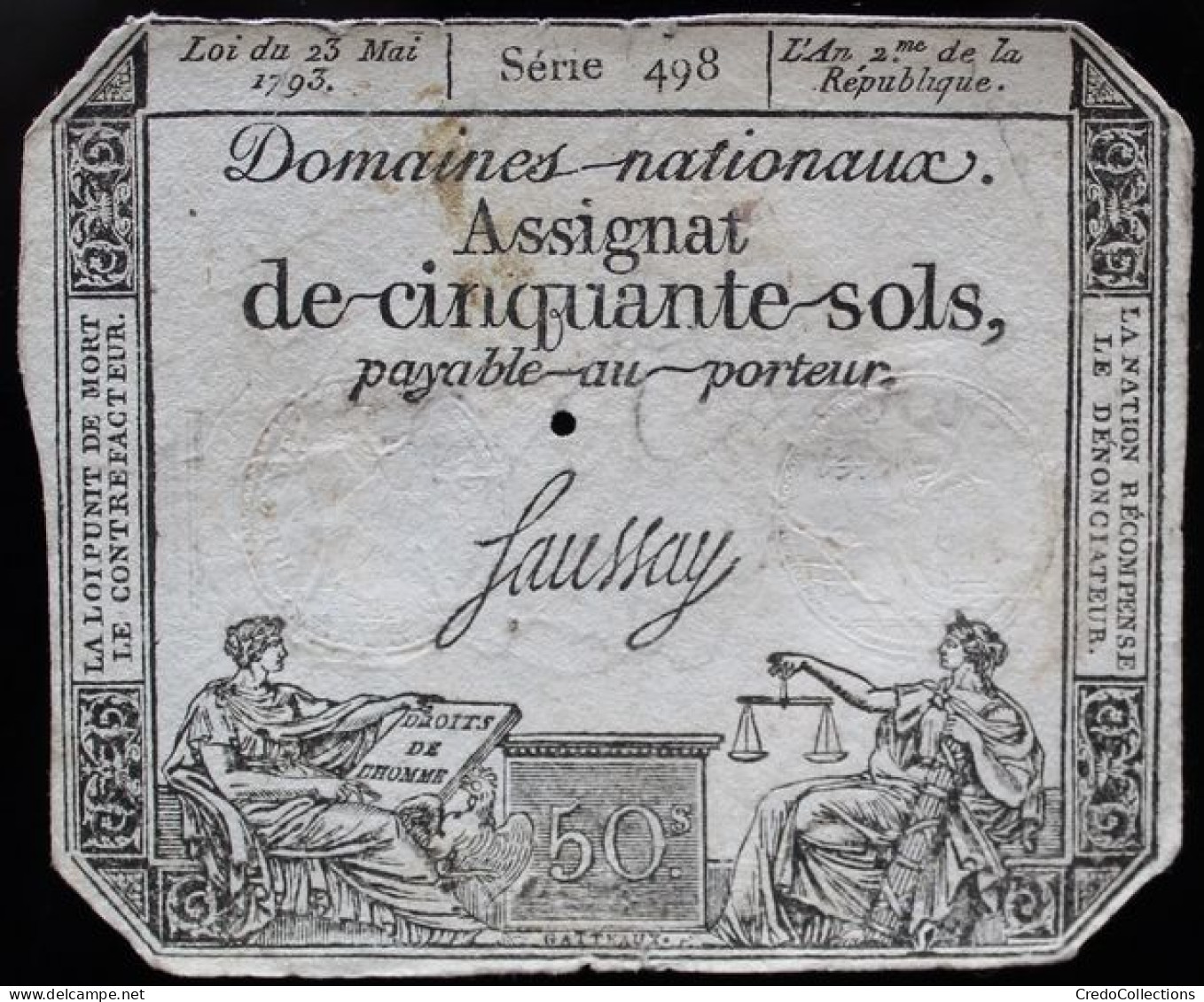 Francs - 50 Sols - 1792 - Série 498 - TB+ - Assignate