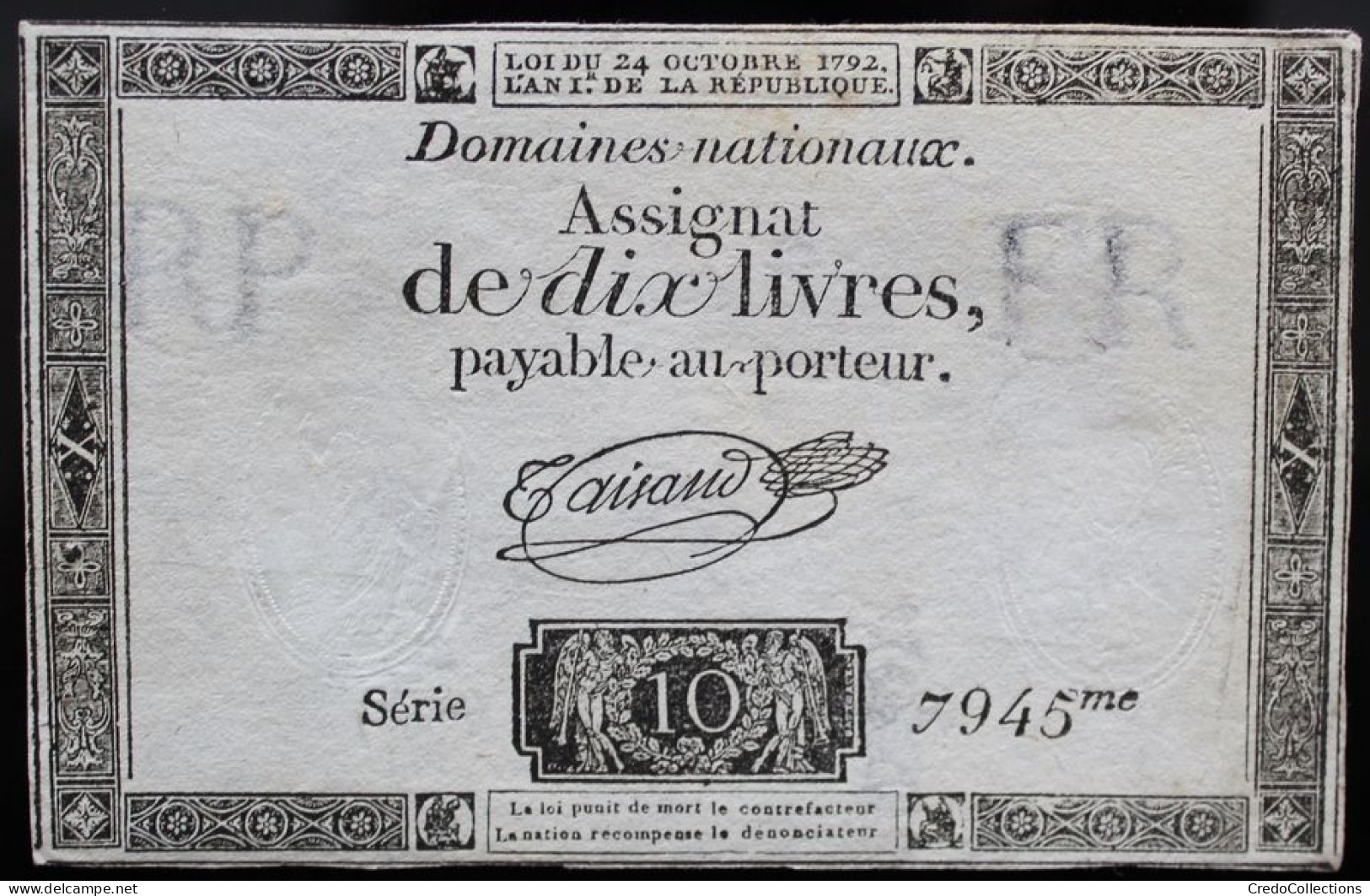 Francs - 10 Livres - 1792 - Série 7945 - TTB - Assignate