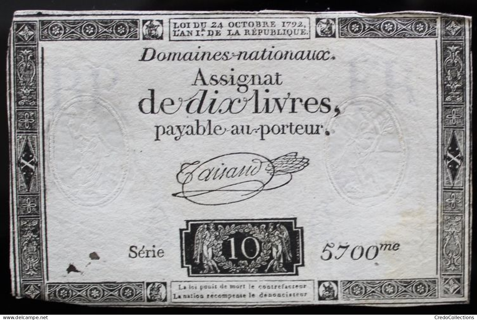 Francs - 10 Livres - 1792 - Série 5700 - TTB - Assignate