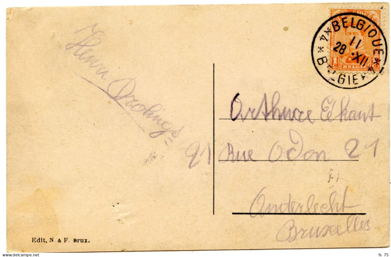 BELGIQUE - COB 135 SIMPLE CERCLE BILINGUE 4 * BELGIQUE * 4 SUR CARTE POSTALE DE CHARLEROI - Covers & Documents