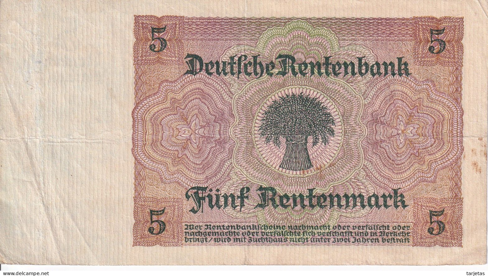 BILLETE DE ALEMANIA DE 5 RENTENMARK DEL AÑO 1926 (BANKNOTE) - 5 Rentenmark