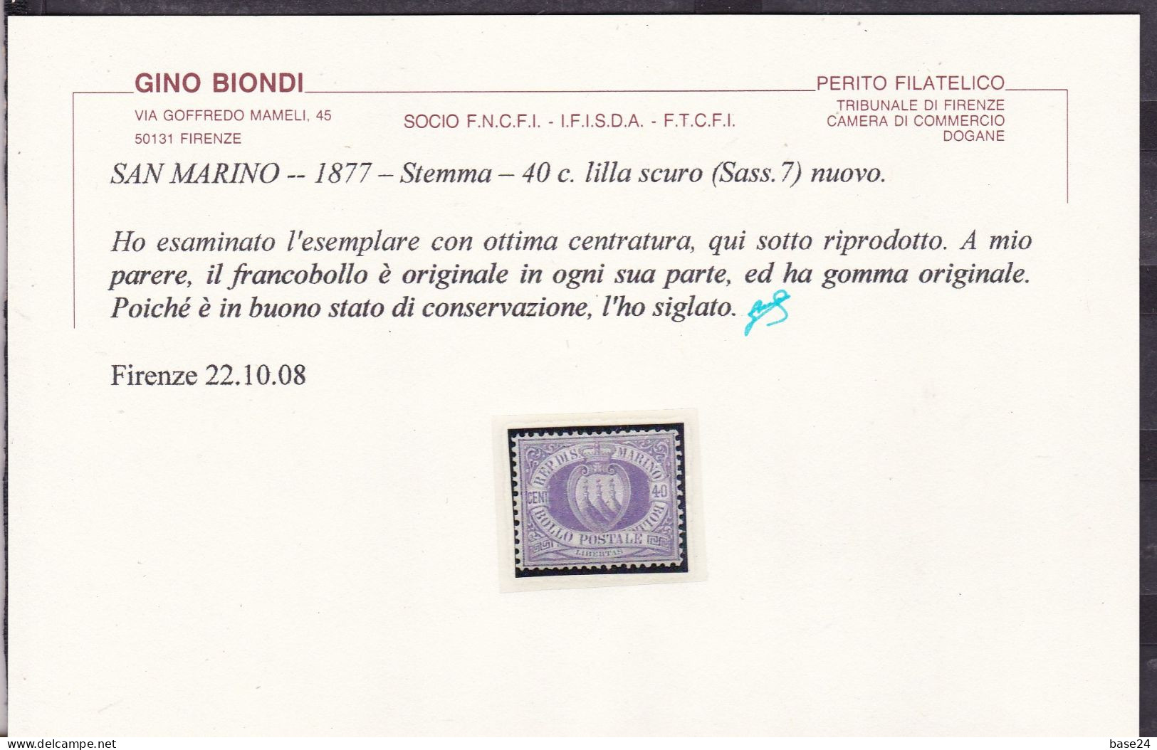 1877 San Marino Saint Marin CIFRA O STEMMA 40 C. Lilla Scuro (7) MH* Certificato Biondi 22.10.08 - Neufs