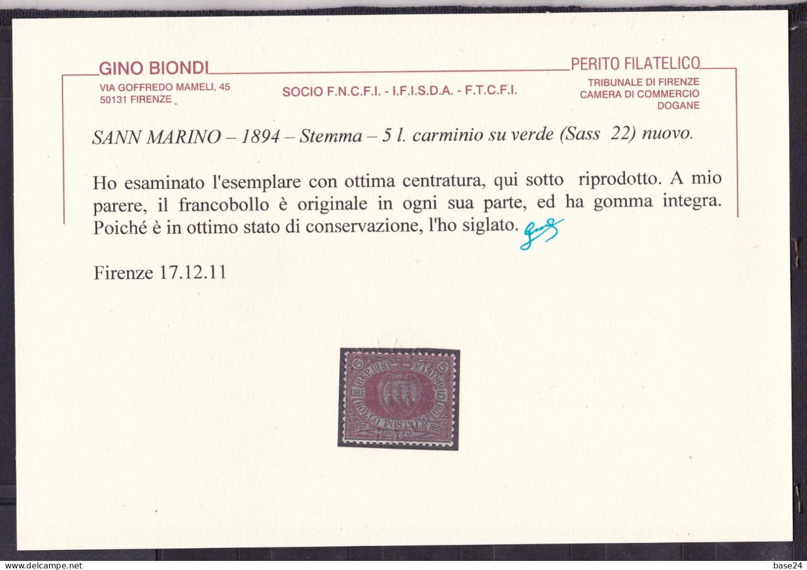 1892 San Marino Saint Marin SERIE CIFRA O STEMMA 5L Carminio Verde (N°22) MNH** Centrato, Con Certificato - Ongebruikt