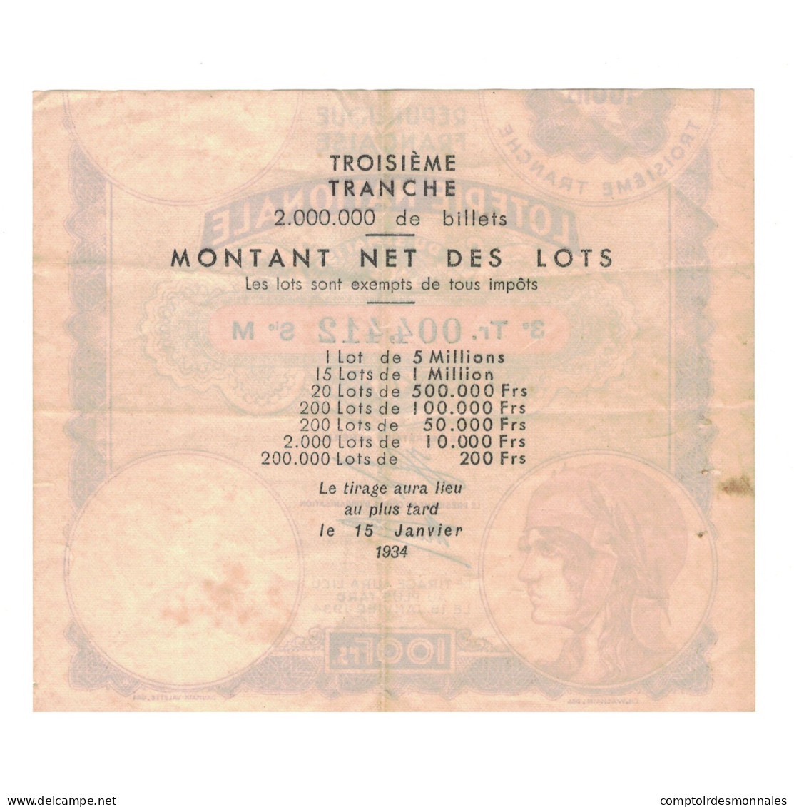 France, 100 Francs, LOTERIE NATIONALE, 1934, 004412, TB+ - Oddities