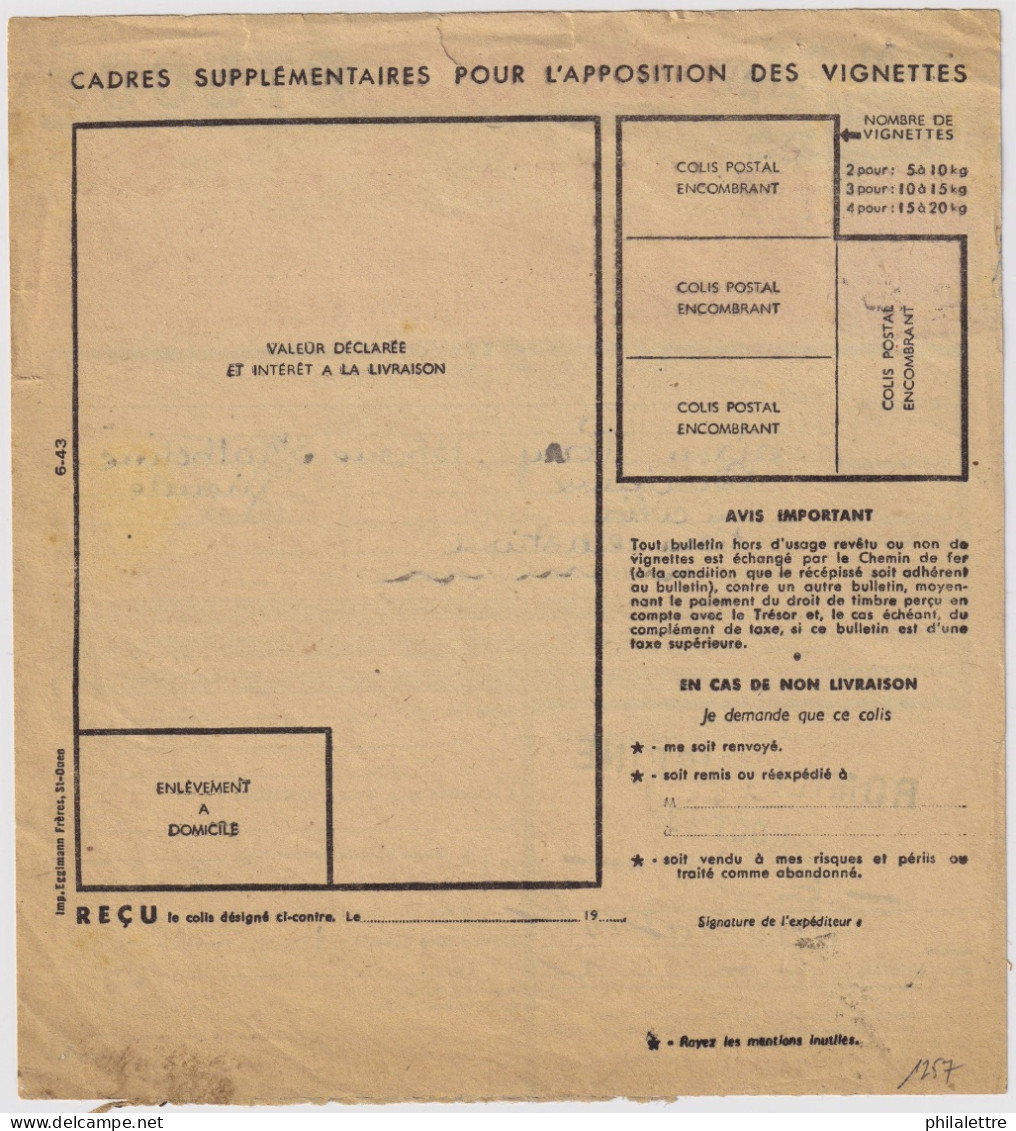 FRANCE / COLIS POSTAUX - 1943 - Yv.208 3fr Brun Sur Bulletin D'Expédition De Colis Postal De Romilly-s/Seine à Bordeaux - Brieven & Documenten